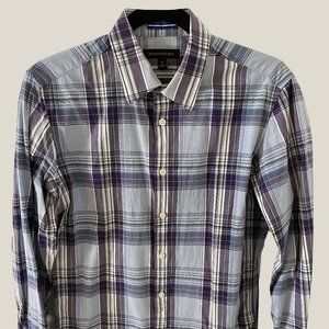SALE S BANANA REPUBLIC BLUE NAVY WHITE PLAID DRESS SHIRT